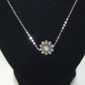 Pave Real Diamond Flower Sterling Silver Necklace